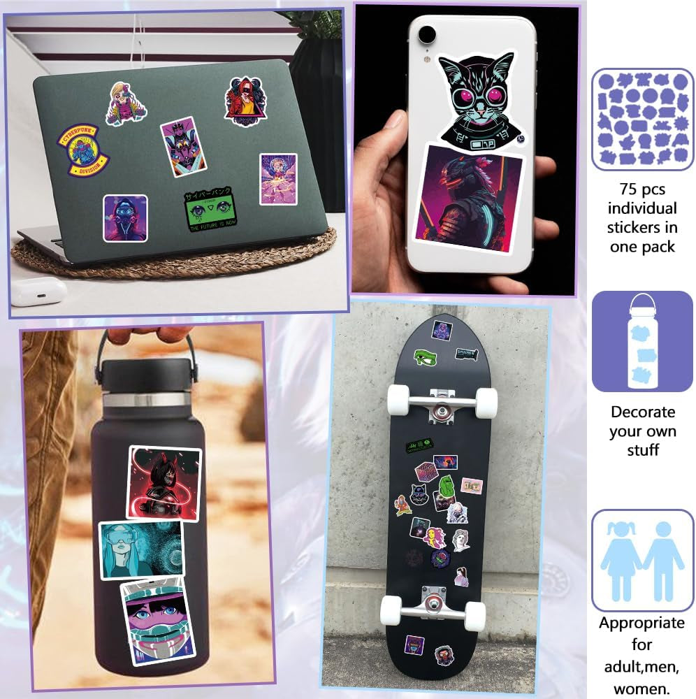 Cyberpunk Stickers for Kids Water Bottle 75 PCS Waterproof Vinyl Gifts for Boys Stickers