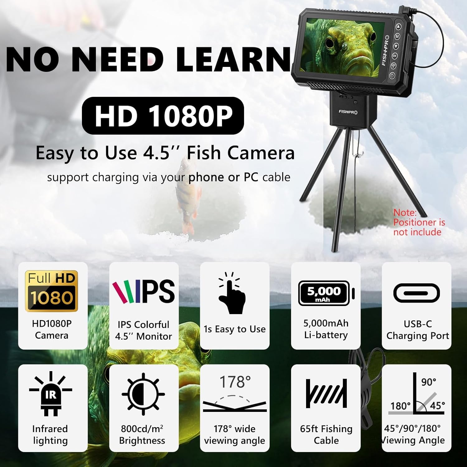 (2024 Upgrade) HD 1080P Underwater Fishing Camera 4.5''-(NO Need Learn) Ice Fishing Camera (Plug & Play) W/ 5,000Mah Li-Battery & USB-C Power, IR&LED for Dark, Fish Finder Camera, 20M/66Ft